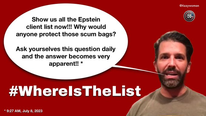 DUnitedGraphics's tweet image. Trump Jr. has no idea why anyone would protect the scum bags on Jeffrey Epstein's client list.
He must not know his dad very well.
He father is one of the scum bags who molested young girls & he doesn't want his base to know.
It doesn't take much to figure it out.
#DemsUnited