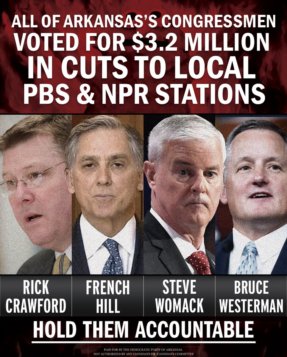 ArkDems's tweet image. ARKANSAS, your congressmen voted for almost $3.2 Million in cuts to local PBS & NPR stations 😪
They voted to cut more than $1 Billion in funds for valuable educational programming NATIONALLY ✂️
Let’s hold them accountable Nov. 3, 2026, y’all 🗳️