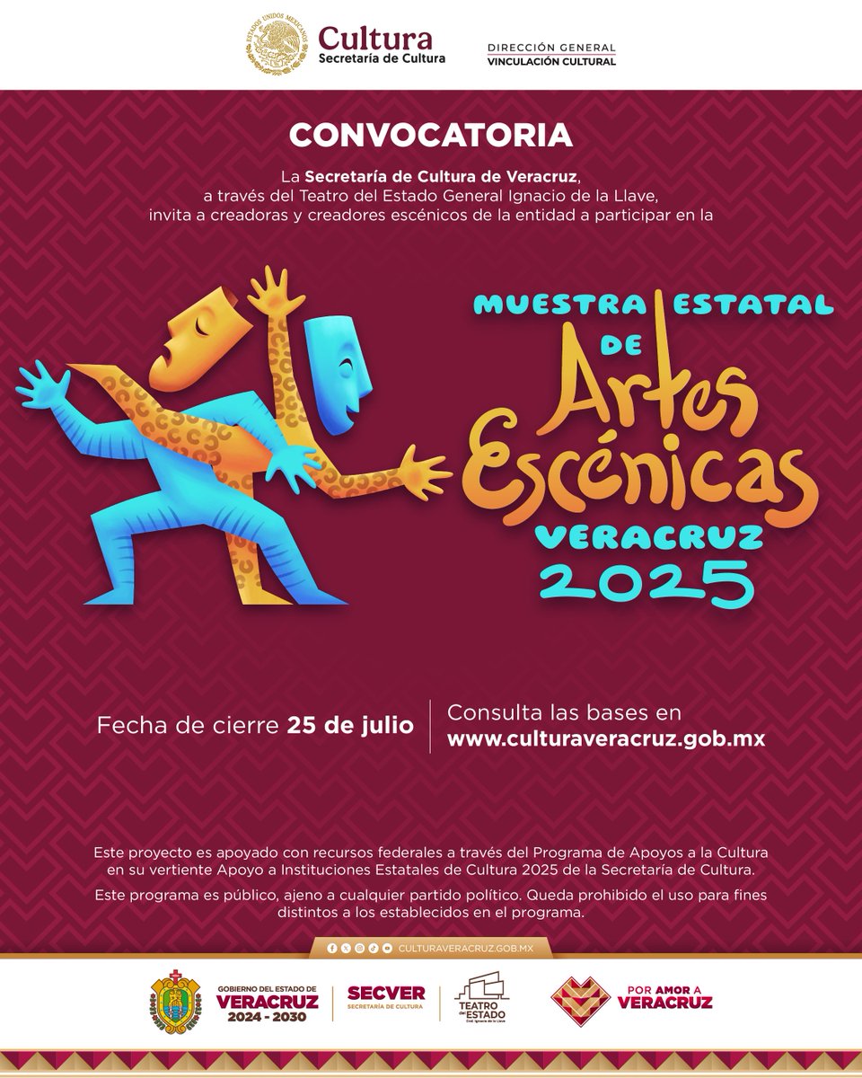 La convocatoria Muestra Estatal de Artes Escénicas Veracruz 2025 está próxima a cerrar.

¿Tienes un proyecto escénico de #teatro o #danza estrenado a partir del 1 de enero de 2023? consulta las bases de la #MEAEV2025 en bit.ly/ConvocatoriaME… 
👉Cierre | 25 de julio

#AIEC