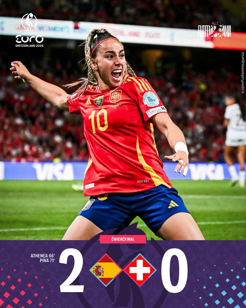 FutFemHiszpania's tweet image. ‼️ Hiszpania w półfinale!

✅ Superjoker Athenea i PinaGol wprowadzają ekipę Montse Tomé do najlepszej czwórki mistrzostw Europy 
✅ Czyste konto Caty Coll - dawno niewidziany gość
✅ Wyrównanie najlepszego wyniku Hiszpanek w historii (z 1997 roku)

🇪🇸 2:0 🇨🇭 | #WEURO2025 #ESPSUI