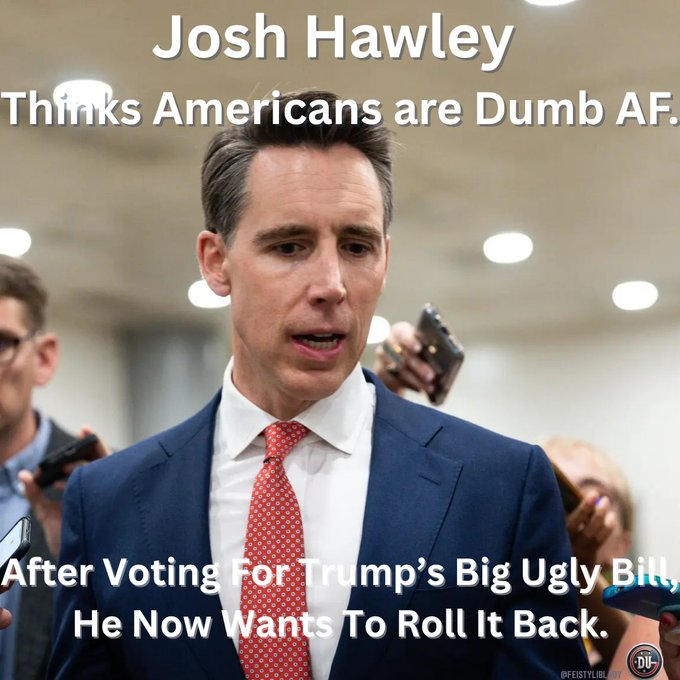 DUnitedGraphics's tweet image. Josh Hawley ran to get far away the 1.6.21 insurrectionists but he can't run away from his own actions.
Two weeks ago he voted to gut Medicaid.
Now, he wants them to think it never happened.
He has proposed rollbacks to the Big Ugly Bill.
Josh is a spineless POS.
#DemsUnited