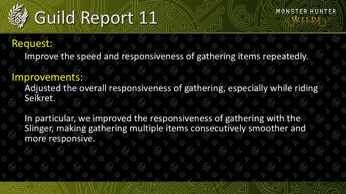 monsterhunter's tweet image. 🛡 Guild Report 11 🛡
The team has heard requests to improve the speed and responsiveness of gathering items, and has implemented changes in Free Title Update 2.
Request:
Improve the speed and responsiveness of gathering items repeatedly.
Improvement:
Adjusted the overall…
