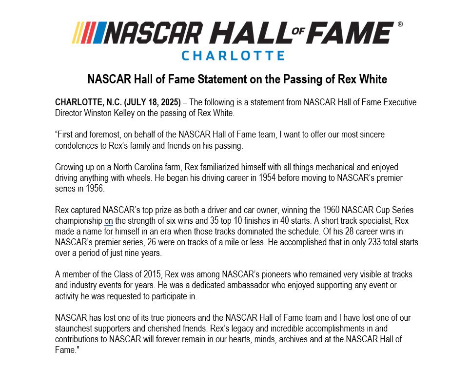 NASCAR Hall of Fame (@nascarhall) on Twitter photo Statement from <a href="/WinstonKelley/">Winston Kelley</a> on the passing of Class of 2015 NASCAR Hall of Famer Rex White. We offer our sincere condolences to Rex’s family and friends. #NASCARHall #NASCAR#ForeverLegends Statement from <a href="/WinstonKelley/">Winston Kelley</a> on the passing of Class of 2015 NASCAR Hall of Famer Rex White. We offer our sincere condolences to Rex’s family and friends. #NASCARHall #NASCAR#ForeverLegends