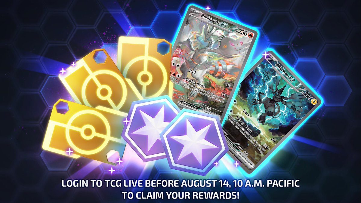 PokemonTCGLive's tweet image. We've got a special gift for everyone!
Players who log in before August 14 will receive the following in celebration of #BlackBolt ⚡ and #WhiteFlare 🔥
- 2,000 Trainer Points
- 2,000 Trade Credits
- Two special illustration rare cards featuring Reshiram ex and Zekrom ex