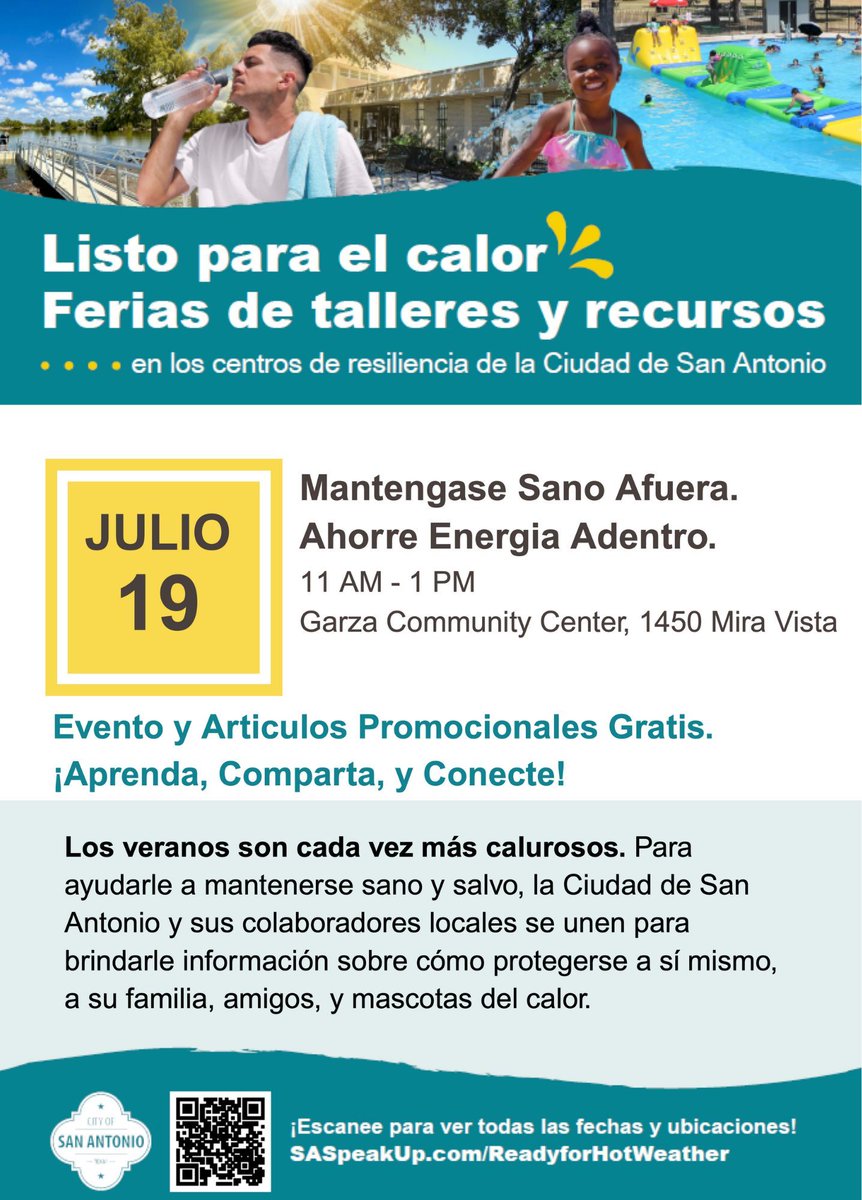 Reminder: Join us TOMORROW at the Garza Community Center (1450 Mira Vista) from 11 a.m. to 1 p.m. for the FREE Ready for Hot Weather Workshop and Resource Fair. Let’s stay cool together, don’t miss this chance to learn safety tips, connect with community resources, and enjoy some