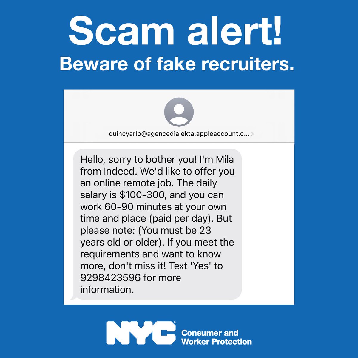 helloDCWP's tweet image. Beware of scammers impersonating recruiters!
A real employer will contact you from a verified number, only after you share your contact information.
To report spam messages, copy and send the text to 7726 (SPAM) to help your wireless provider flag messages in the future.