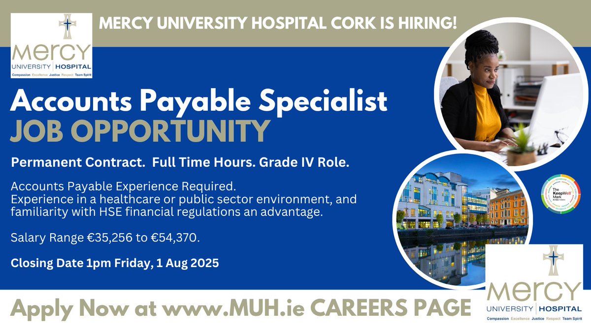 DeeORiordan8's tweet image. ⚡ Great #AccountsPayable Specialist Job Opportunity with @Mercycork

Perm Contract, FT Hrs
Grade IV Role
Salary Range €35,256 to €54,370

Closing Date 1pm Friday, 1 Aug 2025.

See here for more details: api.occupop.com/shared/job/acc…

#HSEjobs #PublicJobs #AccountsJobs #ClericalJobs
