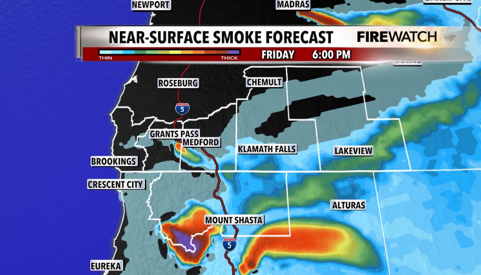 matthoffmanwx's tweet image. Smoke from the Board Shanty Fire is traveling east right into much of the Rogue Valley around Medford with air quality down to unhealthy for sensitive groups. As winds pick up and shift we could see some improvements with smoke and AQ into this evening. More details starting @ 4.
