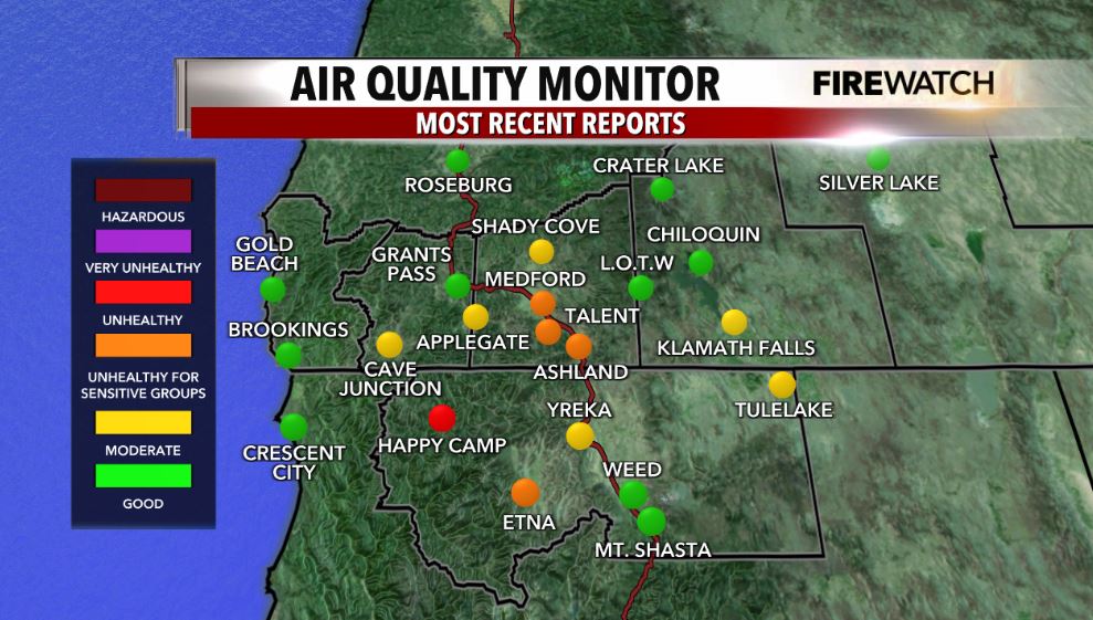 matthoffmanwx's tweet image. Smoke from the Board Shanty Fire is traveling east right into much of the Rogue Valley around Medford with air quality down to unhealthy for sensitive groups. As winds pick up and shift we could see some improvements with smoke and AQ into this evening. More details starting @ 4.