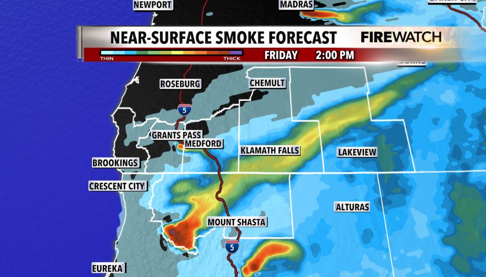 matthoffmanwx's tweet image. Smoke from the Board Shanty Fire is traveling east right into much of the Rogue Valley around Medford with air quality down to unhealthy for sensitive groups. As winds pick up and shift we could see some improvements with smoke and AQ into this evening. More details starting @ 4.