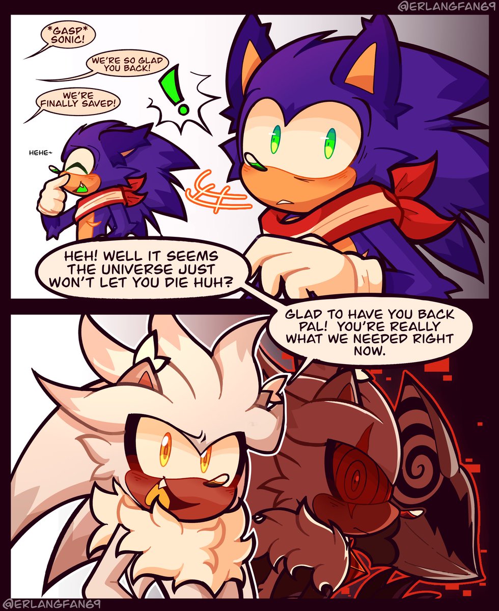 ErlangFan69's tweet image. “How can I bring myself to tell you? How would you live with yourself if you knew? That hope in your eyes, when did it fade into such malice?”
Sonic is freed, reunited with his friends, only he knows about Infinites identity. He’s conflicted about spilling, especially to Silver.