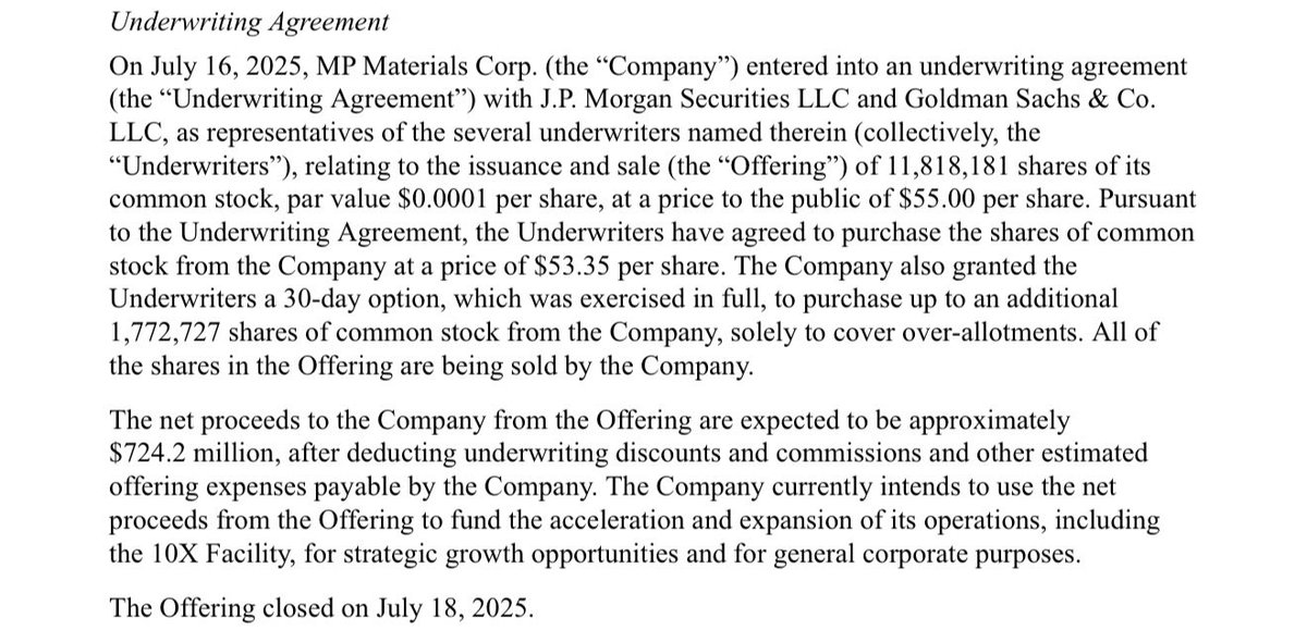 FilingsTracker's tweet image. $MP Offering closed with net proceeds of $724.2 million:
sec.gov/Archives/edgar…