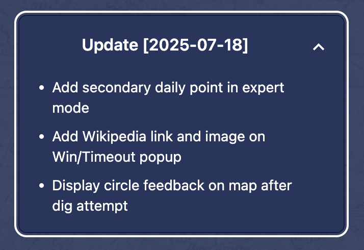 Friday, 10:39pm...
Best time to deploy an update on Treasure Guessr! 🎉

Expert mode, new hint system, Wikipedia links, and images, ...

You better try it! And share it! And wishlist it on Steam
❤️