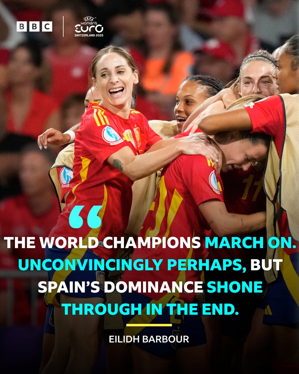 5liveSport's tweet image. They made hard work of it, but Spain are through to the semi-finals. 😮‍💨

Switzerland&apos;s resistance is broken as the host nation&apos;s fairytale journey comes to an end. 👏

FT: 🇪🇸Spain 2-0 Switzerland🇨🇭

#BBCFootball #SPASWI #WEURO2025