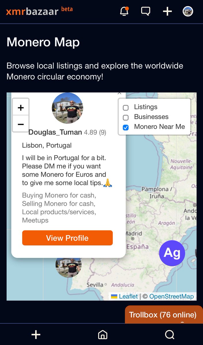DouglasTuman's tweet image. On the move! 🌎✈️ Switched my general XmrBazaar location to Lisbon. In need of some Euros for Monero!!!
DM me on XmrBazaar if you are in Portugal and looking for Monero and have some local Monero spending tips 🙏
Awesome to see listings & users on the Monero Near Me map in…