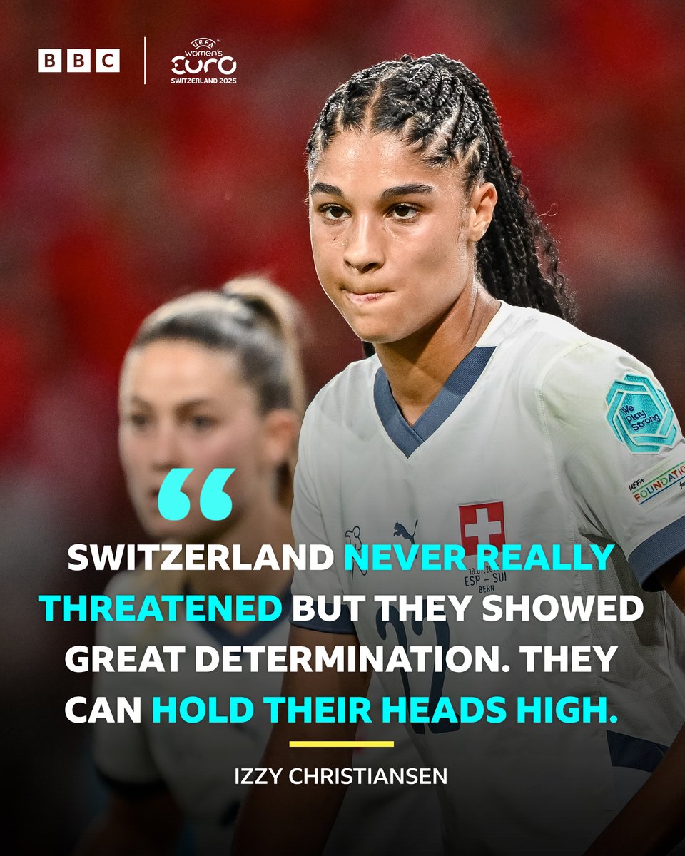 5liveSport's tweet image. They made hard work of it, but Spain are through to the semi-finals. 😮‍💨

Switzerland&apos;s resistance is broken as the host nation&apos;s fairytale journey comes to an end. 👏

FT: 🇪🇸Spain 2-0 Switzerland🇨🇭

#BBCFootball #SPASWI #WEURO2025