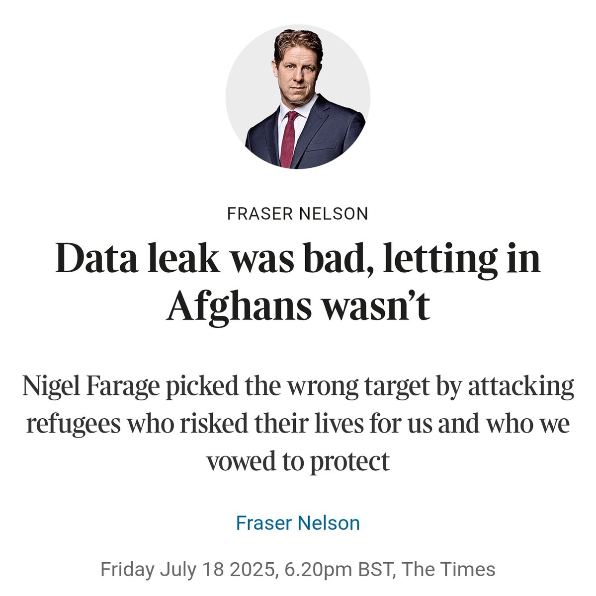 Con_Tomlinson's tweet image. Fraser Nelson gets it wrong, again.
"Afghans have hardly posed an unbearable burden, making up less than 1 per cent of immigrants over the last few years", he writes, despite the £7 billion paid by we taxpayers to bring 25,000 Afghans to Britain.
Many got automatic Indefinite…