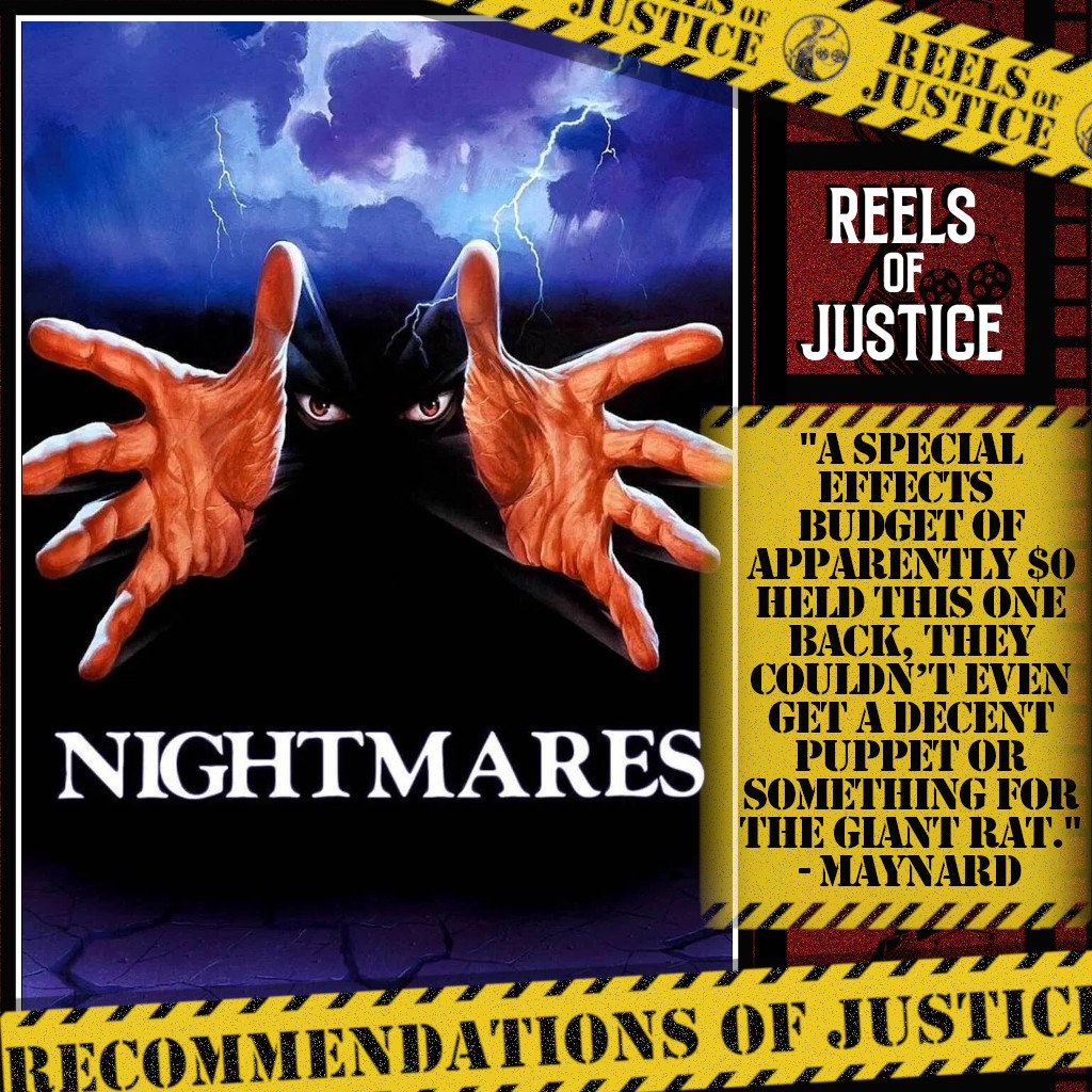 ReelsOfJustice's tweet image. "A special effects budget of apparently $0 held this one back, they couldn’t even get a decent puppet or something for the giant rat." - @MaynardBangs, ‘Nightmares (1983)’
#RecommendationsofJustice #movie #movies #podcast #podcasts #podcasting #film #films #filmtwitter #cinema
