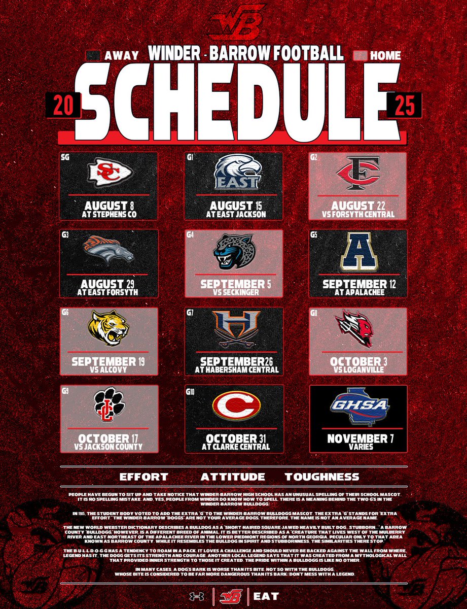 21 Days Away from KICK OFF!

2025 SCHEDULE

Aug 8: Scrimmage @ Stephens County
Aug 15: Opener @ East Jackson
Aug 22: Home Opener &amp; Senior Night Forsyth Central 
Sep 12: Battle of Barrow

#GG 
#Doggs 
#EAT