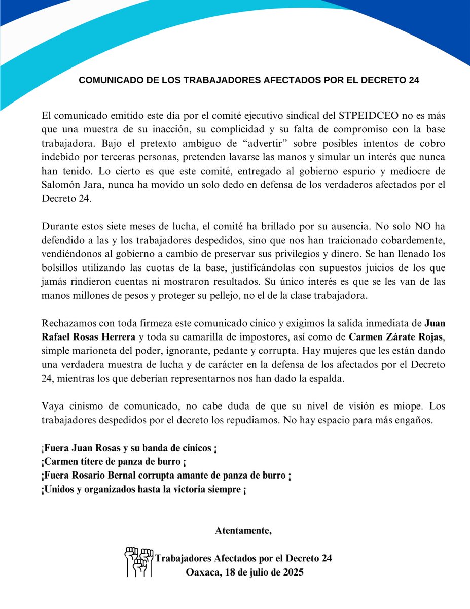 El Comité Ejecutivo del STPEIDCEO vendió a los afectados por el Decreto 24. Y ahora quieren dar “avisos”. 
Aquí el posicionamiento de los Afectados, claro y directo.

<a href="/DoroteoMorro/">El Morro doroteo garcia</a> <a href="/dr_alexsaavedra/">Alejandro Saavedra</a> <a href="/ovej4750/">Teléfono Negro</a> <a href="/Mald82855Tobias/">Memelero Oaxaqueño</a>