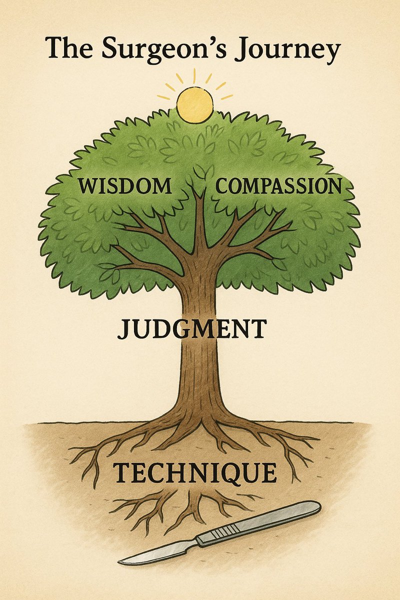 Tree of A Surgeon's Journey

Stage 1 = Roots: Technique = How to operate
Stage 2 = Trunk: Judgment = When to operate
Stage 3 = Branches: Wisdom = When not to operate

From Surgical technician ➡️ Surgical intellectual ➡️ Surgical philosopher
 
#SurgicalPhilosophy #GrowthInSurgery