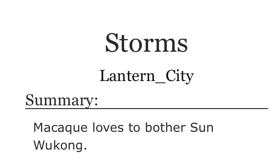 LMK_FanficRecs's tweet image. Fic of the day: (271): Storms by Lantern_City on Ao3
-Oneshot
-Not Rated
-Shadowpeach
The Monkey King gets an unwanted visitor
Link: archiveofourown.org/works/42664629…
#shadowpeach #LEGOMonkieKid