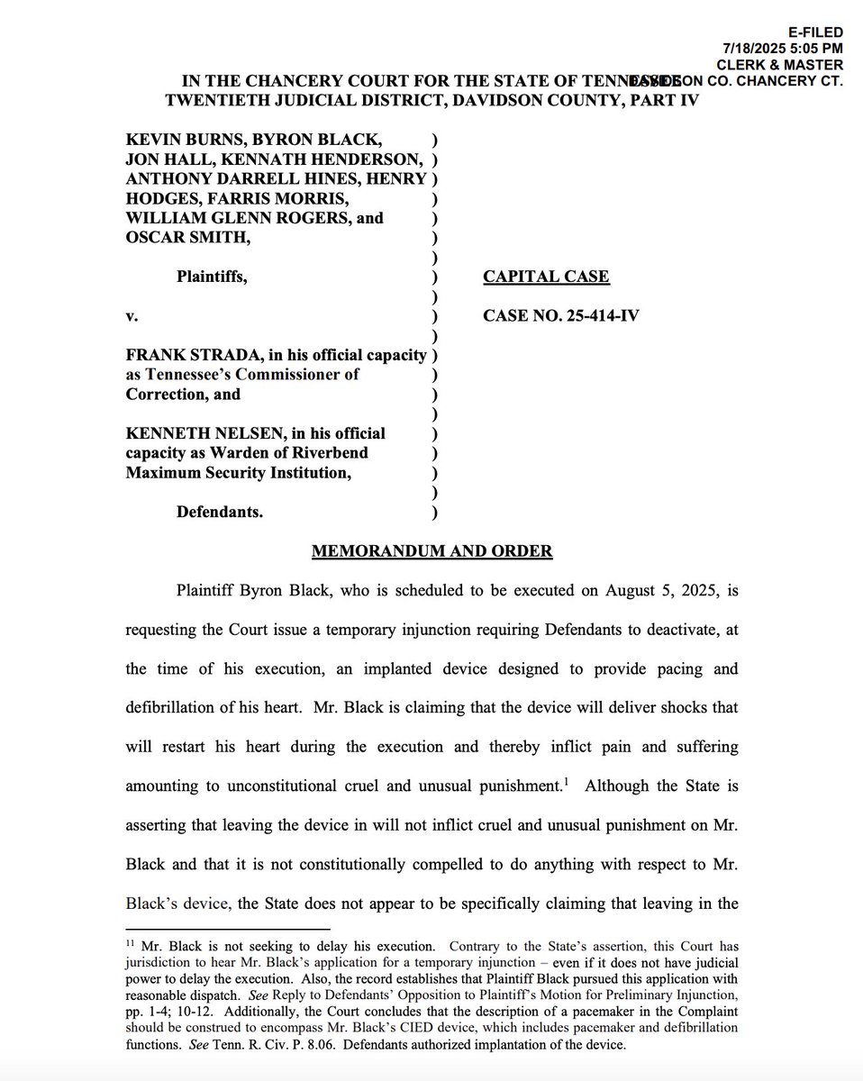 RDunhamDP's tweet image. A Nashville trial court has issued a preliminary injunction requiring Tennessee to deactivate Byron Black's implanted defibrillator before his schedued August 5 execution. drive.google.com/file/d/1x3VxKL… @Tndeathpenalty #deathpenalty