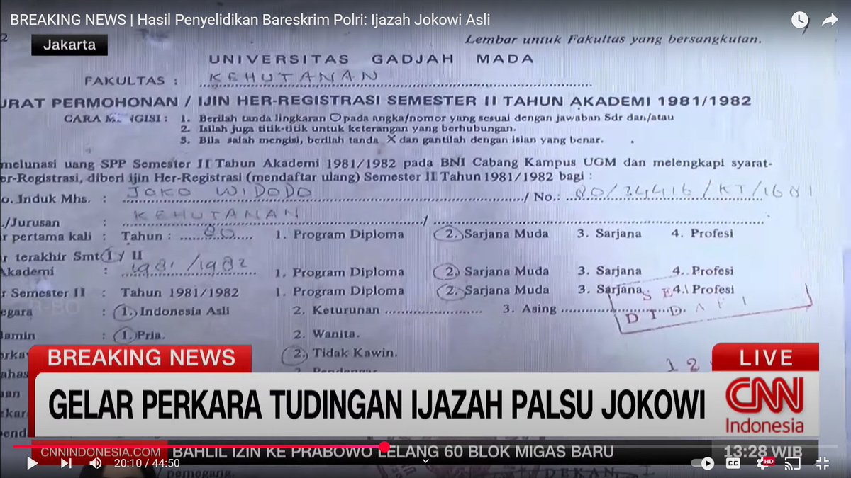Dari bukti ditampilkan DIRTIPIDUM, Jokowi terdaftar sejak awal Tahun Akademik 1980/1981, seharusnya bila ia lulus, ia memiliki ijazah SARJANA MUDA. Berikut contoh sertifikat SARJANA MUDA FAKULTAS TEKNIK!