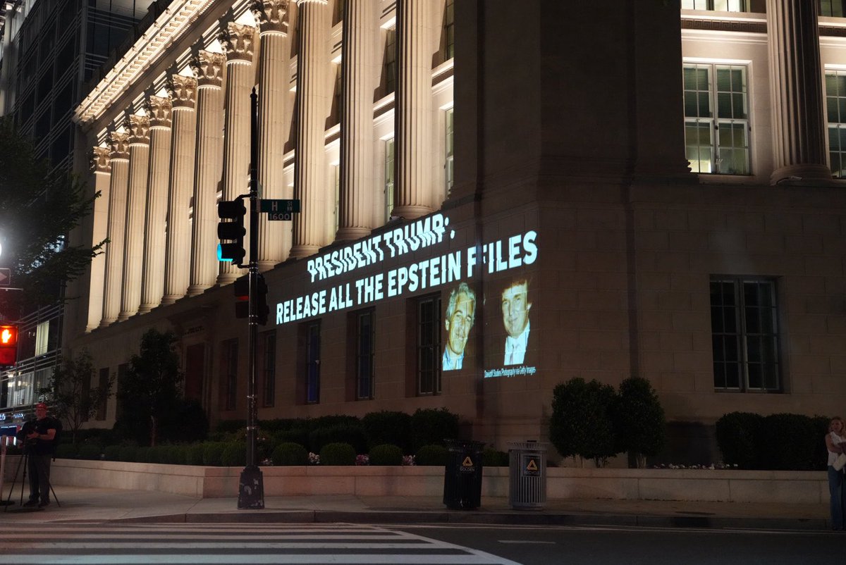 PenguinSix's tweet image. Projection protest on the side of the US Chamber of Commerce near the White House tonight.