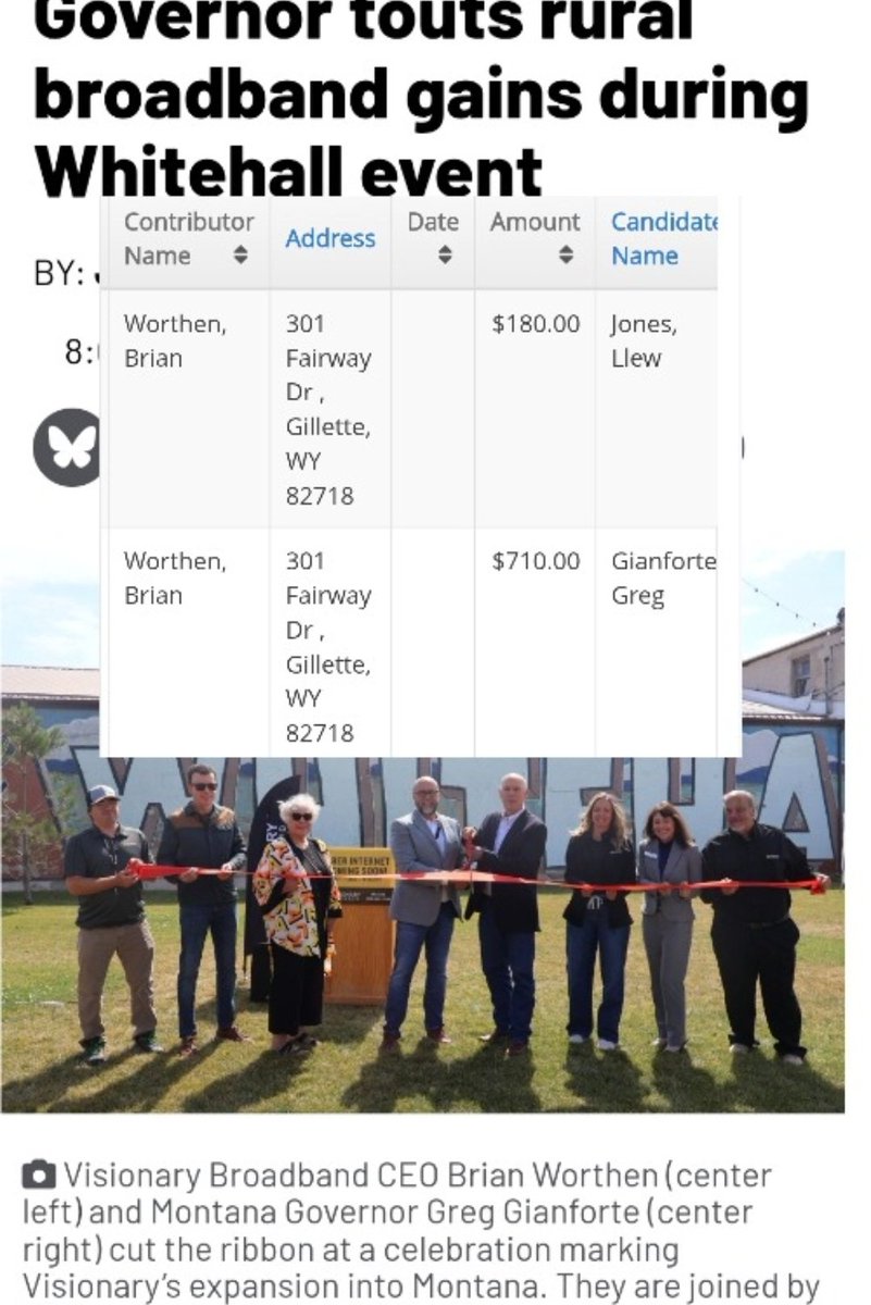 TheMontanaTimes's tweet image. Wyoming resident Brian Worthen, owner of visionary broadband, donated to Gianforte and got a government contract, crazy. 

Corruption.

#mtpol #mtnews