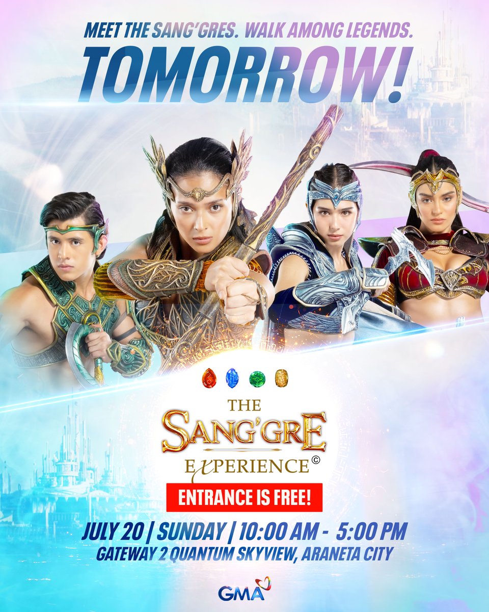 BUKAS NA! 🤩 

Kita-kits sa Gateway, mga Kapuso! 

📅 July 20, Sunday
⏰ 10:00 AM - 5:00 PM
📍 Gateway 2 Quantum Skyview, Araneta City

#Sanggre #GMASanggreExperience