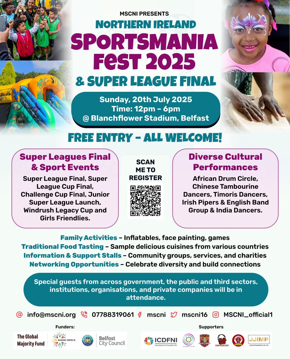 🏟️ Sportsmania Fest 2025
🗓️ Sun, 20 July |
📍 Blanchflower Stadium, Belfast.
Honoured Guests:
👑 HM Lord Lieutenant Dame Fionnuala Jay-O’Boyle DBE DStJ DDL ( Hon QUB) to be represented by  Deputy  Lieutenant Cheryl Lamont CBE.
⚽ Sports | 🌍 Cultures 🎨 Family Fun.