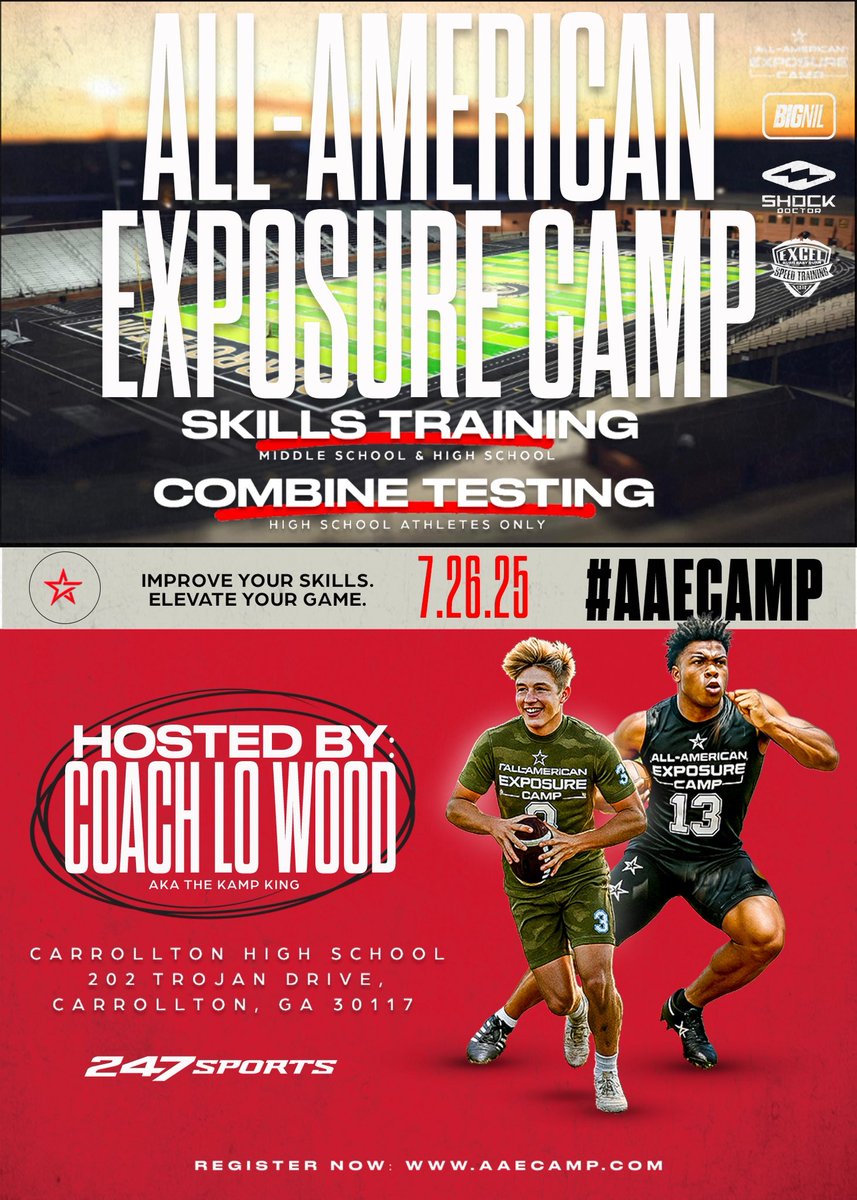 🏈Think you’ve got what it takes? 

All-American Exposure Camp-ATL 2025. Loading…..

👉👉Earn the MVP. Receive your INVITE to the NATIONAL SHOWCASE and AAE BOWL.🔥

⚡️Skills + Agility Training (Middle + High School) 
⚡️Combine Testing (High School) 

Hosted by the Kamp King