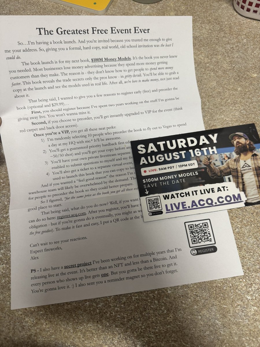 Bryant Suellentrop (@sullybusiness) on Twitter photo Hadn’t heard from him since $100M Leads. Solid book.
Now he’s back sending physical mail to push a new one.
Feels a little wild in 2025… but it worked. I opened it.
<a href="/AlexHormozi/">Alex Hormozi</a> understands attention. Hadn’t heard from him since $100M Leads. Solid book.
Now he’s back sending physical mail to push a new one.
Feels a little wild in 2025… but it worked. I opened it.
<a href="/AlexHormozi/">Alex Hormozi</a> understands attention.