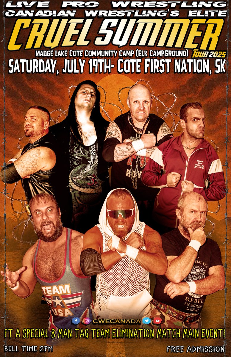 Tomorrow afternoon! <a href="/CWECanada/">Canadian Wrestling's Elite</a> Cote First Nation, SK

Ft <a href="/HotshotDannyD/">Hotshot Danny Duggan</a> <a href="/AC_DRAGNEEL/">AC Dragneel</a> <a href="/kevinjhcannon/">Kevin Cannon</a> <a href="/AdrienBB_Burton/">Adrien Burton</a> <a href="/thebadboyatm/">Anderson Tyson Moore</a> <a href="/ronnieattitude/">Ronnie Attitude</a>, A Special 8 Man Tag Team Elimination Match &amp; much more!