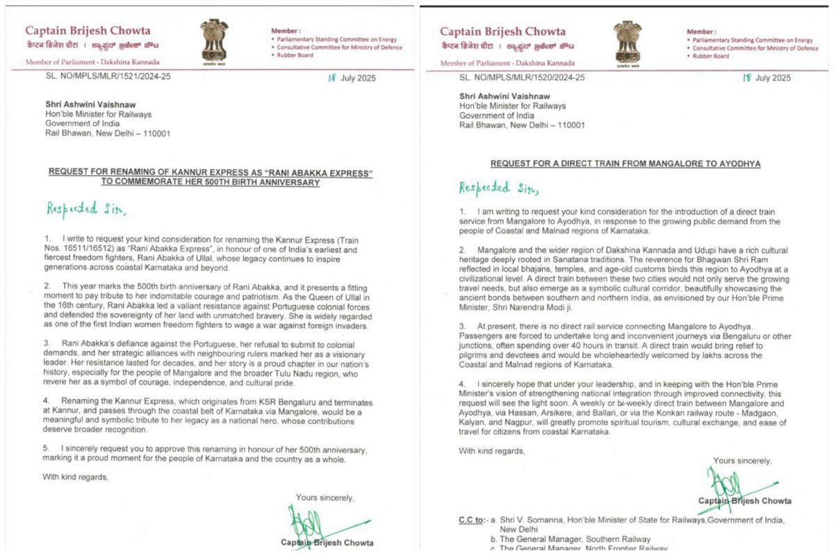 We sincerely thank Hon’ble MP <a href="/CaptBrijesh/">Captain Brijesh Chowta ಕ್ಯಾಪ್ಟನ್ ಬ್ರಿಜೇಶ್ ಚೌಟ</a> sir for writing to Railway Minister <a href="/AshwiniVaishnaw/">Ashwini Vaishnaw</a> requesting:

🔹 Renaming of Train No. 16511/16512 KSR Bengaluru – Kannur Express as “Rani Abbakka Express” to mark the 500th birth anniversary of the valiant freedom fighter.
🔹