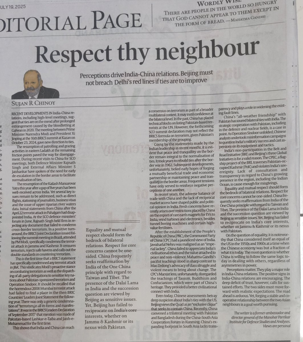 Sujan Chinoy (@sujanchinoy) on Twitter photo My piece today in <a href="/IndianExpress/">The Indian Express</a> - Respect thy neighbour: Perceptions drive #India #China relations.
Link : China must keep India’s red lines in mind | The Indian Express share.google/O7aws5D74F9WBJ… My piece today in <a href="/IndianExpress/">The Indian Express</a> - Respect thy neighbour: Perceptions drive #India #China relations.
Link : China must keep India’s red lines in mind | The Indian Express share.google/O7aws5D74F9WBJ…