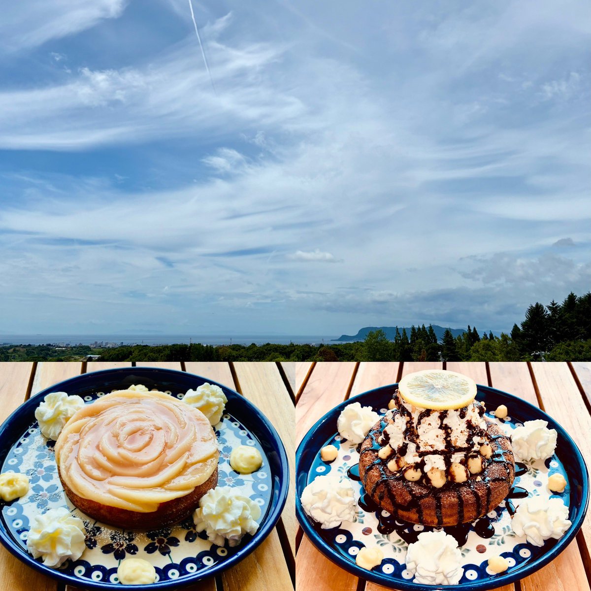 今日の函館は綺麗な雲空🌥️

夏限定パンケーキ大人気です！
丸ごと1個
桃のパンケーキ🍑

爽やか
レモンチョコパンケーキ🍋

ご来店をお待ちしています🙇‍♂️