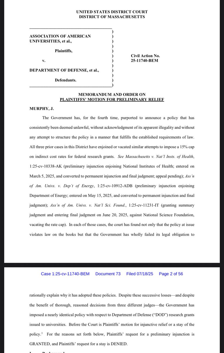 kyledcheney's tweet image. JUST IN: For the fourth time, a federal judge has barred the Trump administration from imposing a 15% limit on indirect cost rates for federal research — this time at the Pentagon.