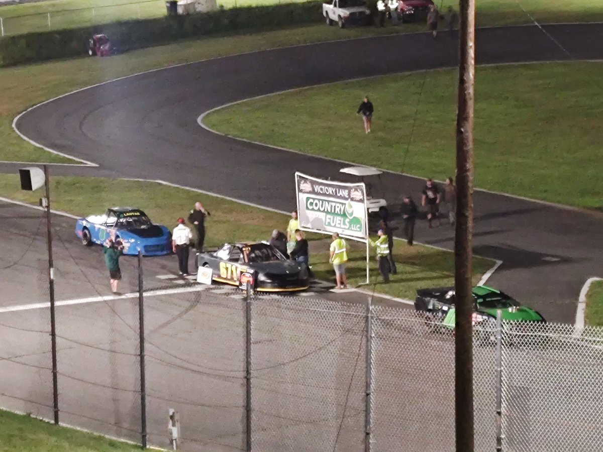 Kyle Templeton wins the Pure Stock feature at Claremont Motorsports Park over Dick Lamotte &amp; Sean Lantas