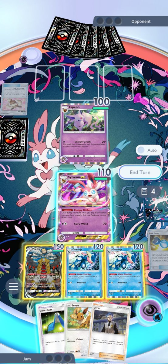 Bafael1's tweet image. Been trying out a new deck and sylveon ex is so bonkers. I had 16 cards drawn on turn 4 with 110 damage per turn plus Cyrus so I could hit whatever I wanted for that full number