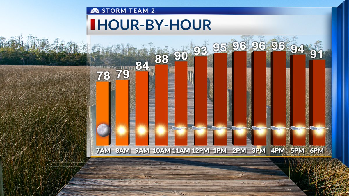 Saturday (7-19) StormTeam2 Hour by Hour Forecast...Lots of sunshine and lots of heat!  Highs will reach the mid to upper 90's, with heat index values between 105-110!
#scwx