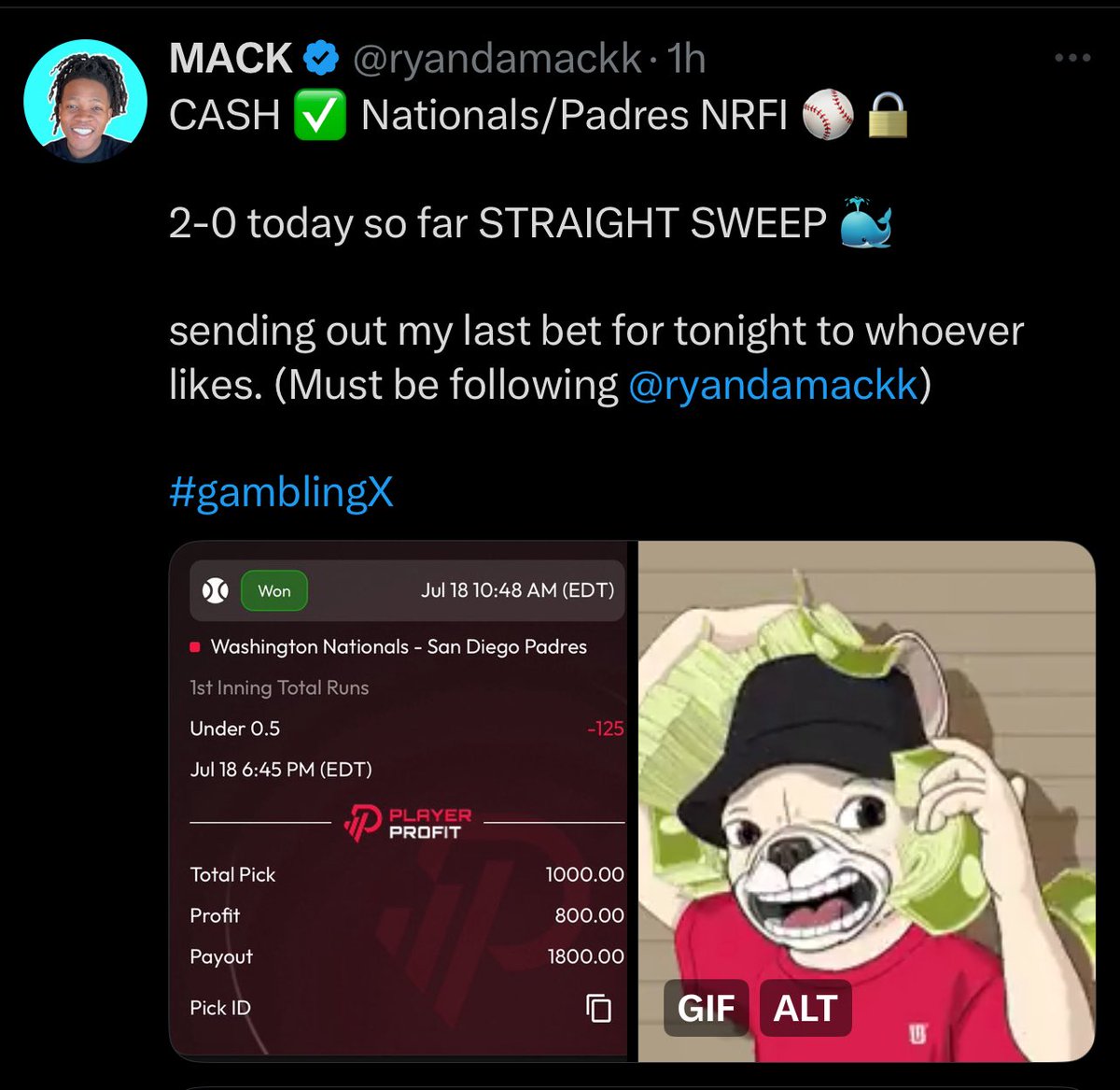 sbinfluencer's tweet image. This Mack character is victory lapping fake money bet slips.