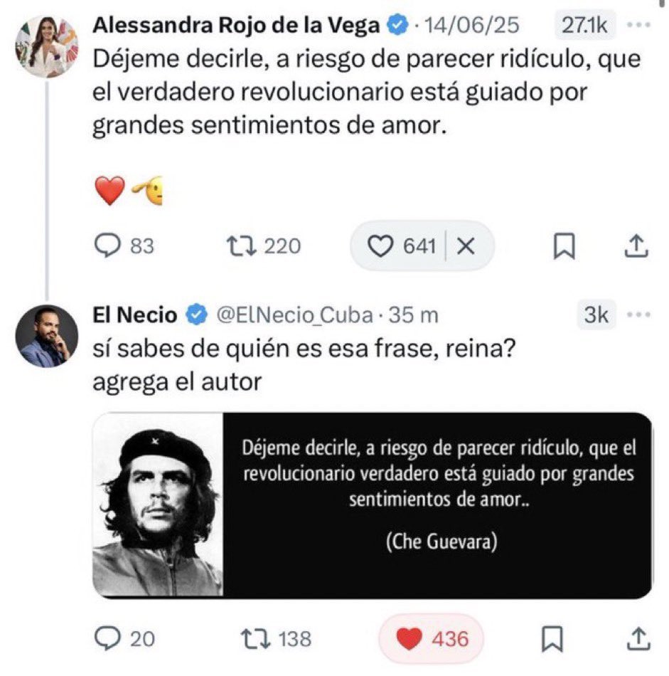 Hans Salazar 🇲🇽🇵🇸 (@hans2412) on Twitter photo La alcaldesa <a href="/AlessandraRdlv/">Alessandra Rojo de la Vega</a> usa una gran frase del Che Guevara, sin citarlo y luego la borra!
¿Hipocresía e ignorancia; o estupidez? La alcaldesa <a href="/AlessandraRdlv/">Alessandra Rojo de la Vega</a> usa una gran frase del Che Guevara, sin citarlo y luego la borra!
¿Hipocresía e ignorancia; o estupidez?