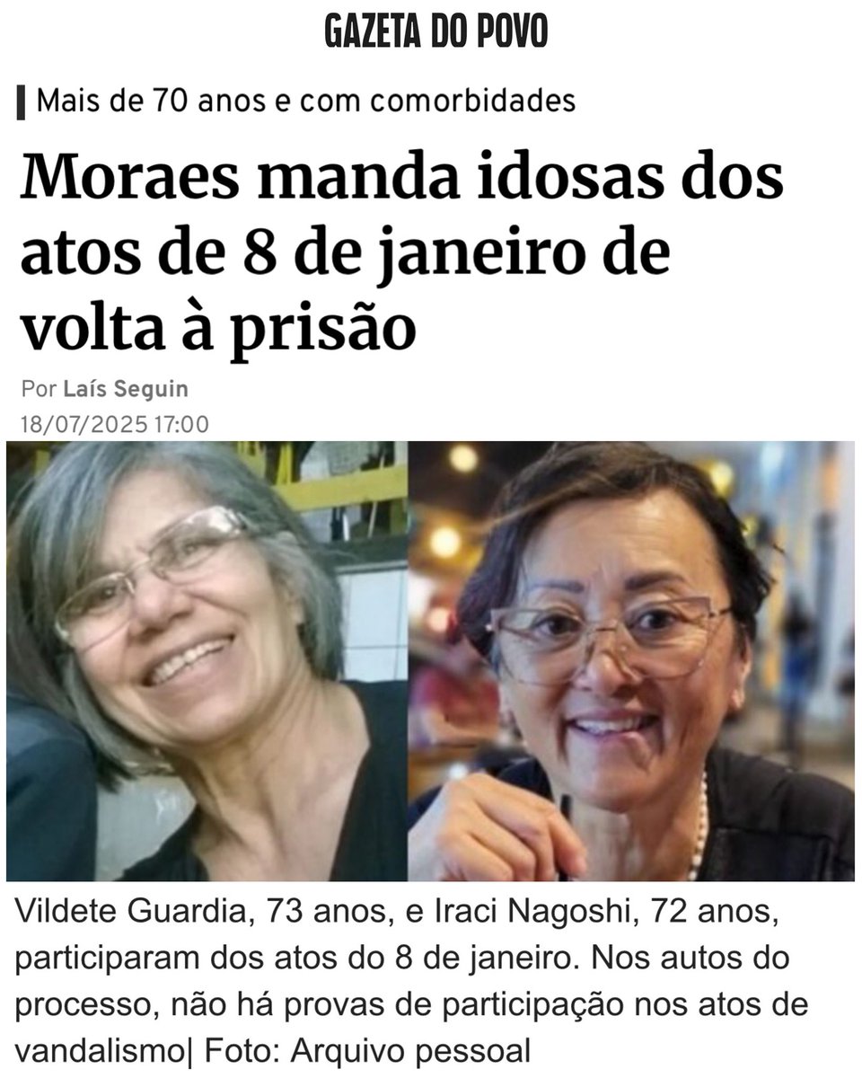 Para quem está com pena de Moraes e seus aliados eis uma noticia de hoje, horas antes de <a href="/SecRubio/">Secretary Marco Rubio</a> anunciar a perda de vistos.

Você conseguiria olhar nos olhos destas senhoras e mandá-las para a cadeia por golpe de Estado?

Que adjetivo se dá a uma pessoa dessa se não psicopata?