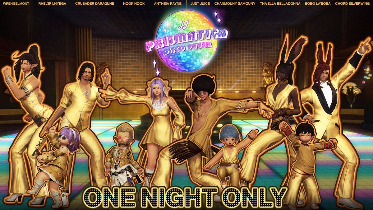 FOR ONE NIGHT ONLY, our performers have prepared a groovy setlist that'll have you dancing the night away! 🕺

Mark your calendars and we hope to see you at PRISMATICA: Disco Fever! 🪩

Event info on the JJammin' website!

#FFXIV #FF14 #MateriaDC #FFXIVPRISMATICA #TwitchConcert