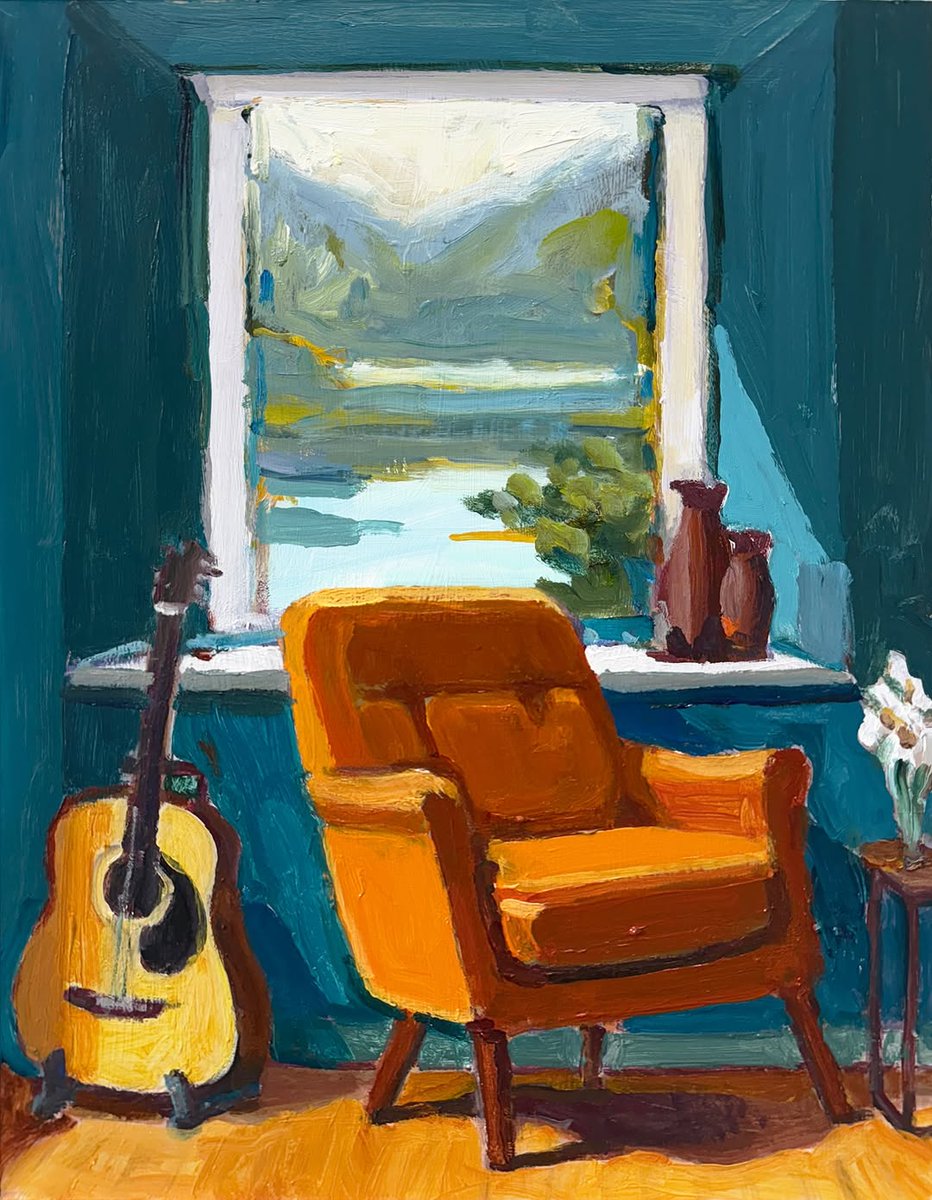 RClaremont's tweet image. There’s something about a window seat and a guitar that makes you feel like the day might still surprise you—
even if you haven’t tuned the thing in years.
“Echoes of a Room”, 34X45cm.
🎸☀️
#quietcorners #guitarbythewindow #painterlymood