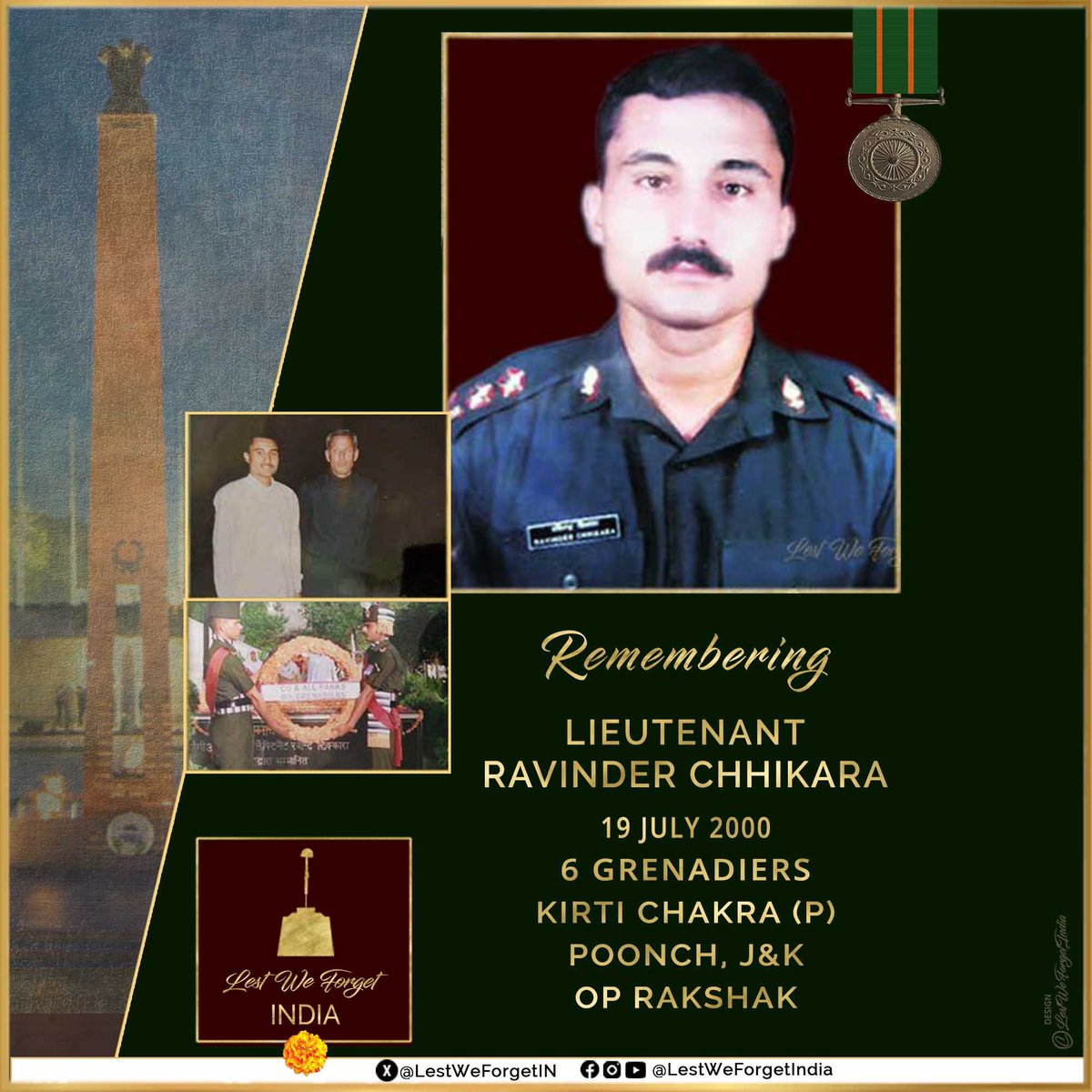 A Gallant #IndianBrave and his supreme sacrifice remembered

#LestWeForgetIndia🇮🇳 Lieutenant Ravinder Chhikara, Kirti Chakra (P), 6 GRENADIERS (Joshila Sixth), laid down his life, #OnThisDay 19 July 2000, leading the ghatak platoon &amp; fighting terrorists in Rajouri, J&amp;K.