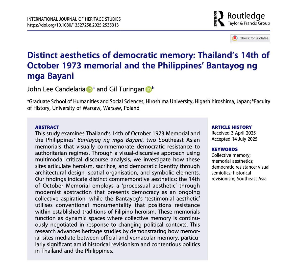 New article out today! <a href="/letsgiltheworld/">Gil</a> and I look into what we deem as distinct memorial aesthetics of two democracy memorials in Thailand and the Philippines.  tandfonline.com/doi/full/10.10…