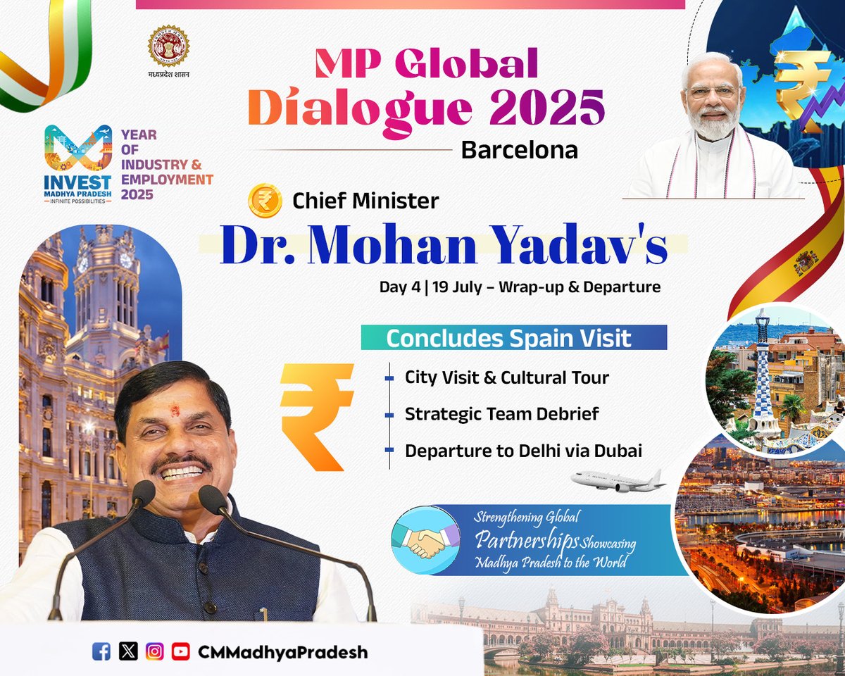 Chief Minister, MP (@cmmadhyapradesh) on Twitter photo HonтАЩble CM Dr. Mohan Yadav Concludes Spain Visit
Strengthening Global Partnerships, Showcasing Madhya Pradesh to the World
<a href="/DrMohanYadav51/">Dr Mohan Yadav</a> <a href="/IndiainSpain/">India in Spain</a> <a href="/CGIBarcelona/">India in Barcelona</a>
<a href="/investindia/">Invest India</a> <a href="/MPIDC/">MPIDC</a> <a href="/Industryminist1/">Industry Policy & Investment Promotion Department</a> <a href="/minculturemp/">Culture Department, MP</a> <a href="/tourismdeptmp/">Department of Tourism, MP</a> <a href="/MPTourism/">Madhya Pradesh Tourism</a>
#MadhyaPradesh #InvestInMP HonтАЩble CM Dr. Mohan Yadav Concludes Spain Visit
Strengthening Global Partnerships, Showcasing Madhya Pradesh to the World
<a href="/DrMohanYadav51/">Dr Mohan Yadav</a> <a href="/IndiainSpain/">India in Spain</a> <a href="/CGIBarcelona/">India in Barcelona</a>
<a href="/investindia/">Invest India</a> <a href="/MPIDC/">MPIDC</a> <a href="/Industryminist1/">Industry Policy & Investment Promotion Department</a> <a href="/minculturemp/">Culture Department, MP</a> <a href="/tourismdeptmp/">Department of Tourism, MP</a> <a href="/MPTourism/">Madhya Pradesh Tourism</a>
#MadhyaPradesh #InvestInMP